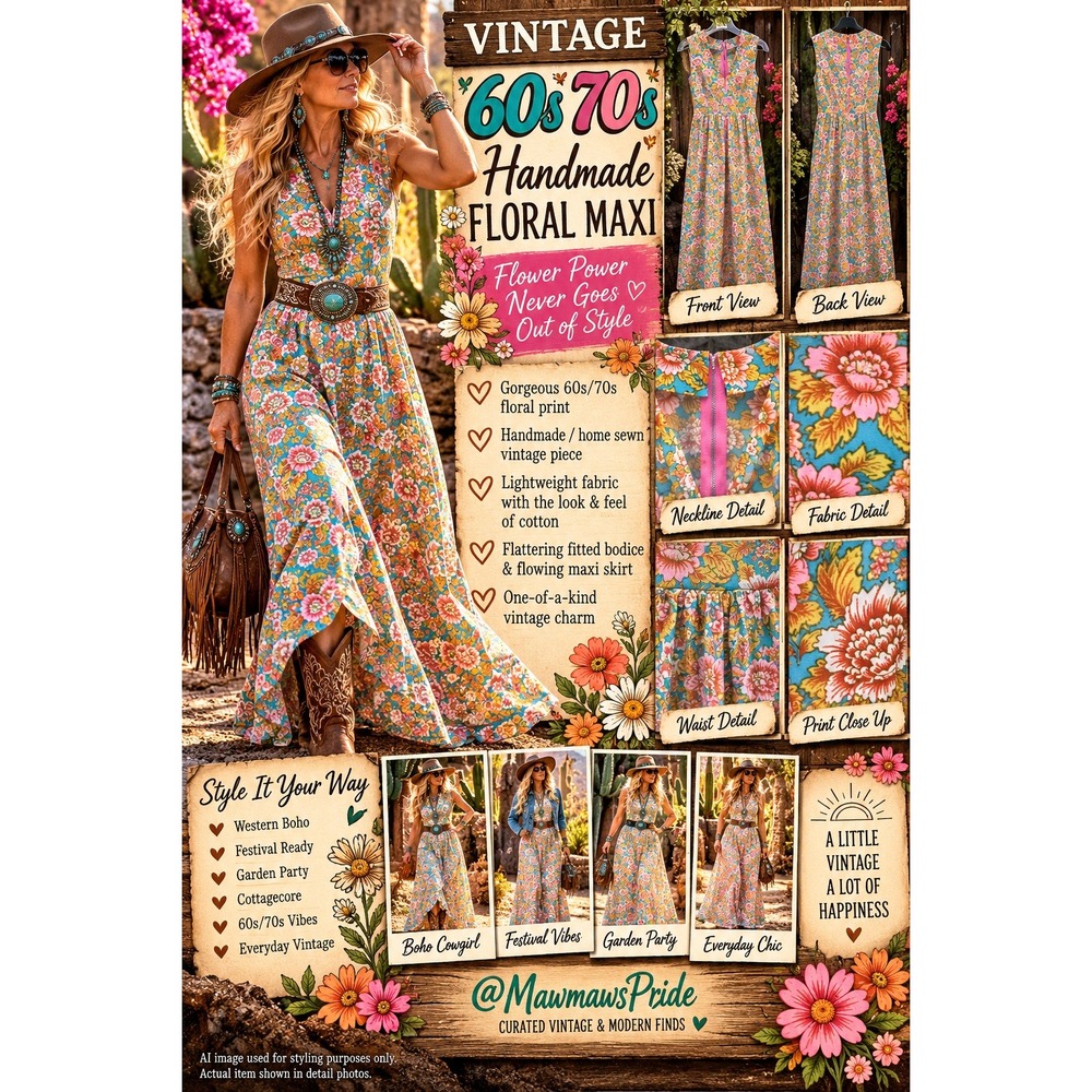 Vintage 60s 70s Handmade Floral Maxi Dress XS Flower Power Cotton Feel Boho